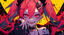 Crazy Anime Girl Cyberpunk Digital Painting. Manga Woman Evil Dark Halloween Theme. Generative Ai