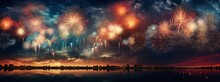 Fireworks Over Night City Sky, Holiday Background, Bright Colorful Lights