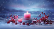 canvas print picture - fondo invernal con vela de navidad junto bolas , caja regalo y plantas de acebo sobre superficie nevada y fondo montañoso con aurora boreal roja