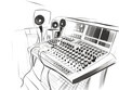Drawing of Studio microphone and mixing console illustration separated, sweeping overdrawn lines.