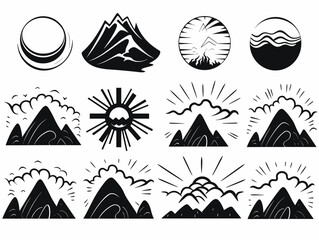 Wall Mural - Drawing of sunrise icon set. Black on a white illustration separated, sweeping overdrawn lines.