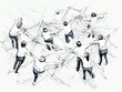Drawing of team members working together top view illustration separated, sweeping overdrawn lines.