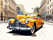 Drawing Of Vintage Yellow Taxi In New York Illustration Separated, Sweeping Overdrawn Lines.