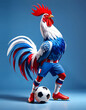 Coq tricolore bleu blanc rouge avec un ballon de football, mascotte joueur de foot pour la victoire sportive de l'équipe de France - IA générative
