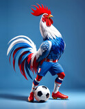 Fototapeta  - Coq tricolore bleu blanc rouge avec un ballon de football, mascotte joueur de foot pour la victoire sportive de l'équipe de France - IA générative