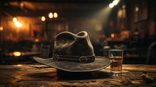 Big Old Cowboy Hat Sitting In The Bar Top Lonely Bar Smoky Haze On Blurry Background