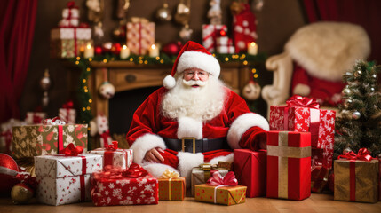 Wall Mural - A cheerful Santa Claus surrounded by a bounty of wrapped Christmas gifts, with a decorated tree and cozy fireplace setting a festive background.