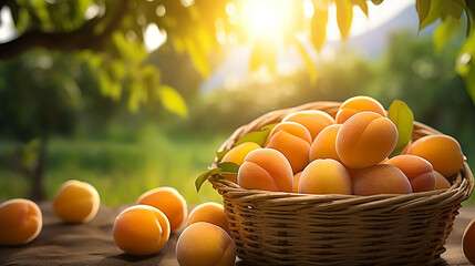 Wall Mural - apricots in a basket on wooden concept in field