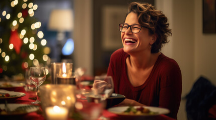 Wall Mural - Joyful woman in a red sweater smiling at a festive Christmas dinner table, with elegant decorations, candles, and a tree adorned with lights, creating a cozy and celebratory atmosphere.