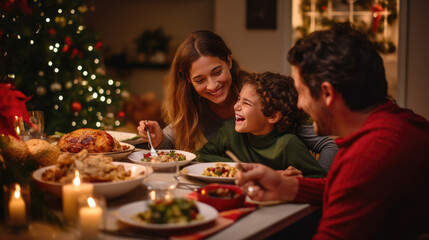 Canvas Print - Family enjoying a warm, festive Christmas dinner together, with children smiling, candles glowing, and a decorated Christmas tree in the background.