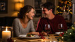 © Studio Nova - Smiling couple close together at a festive Christmas dinner setting, with lit candles and a decorated tree in the background, creating a warm and intimate atmosphere.