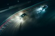 Aerial view of two cars drifting at night on a race track. Generative AI