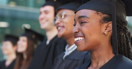 Wall Mural - School, campus or happy graduates in ceremony or gowns standing in a line outside together. Diversity, faces or proud students with smile for motivation, college achievement or education success