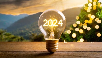 Lightbulb glowing for 2024 merry Christmas and happy new year.