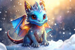 cute baby dragon in the snow, magical winter illustration with copy space