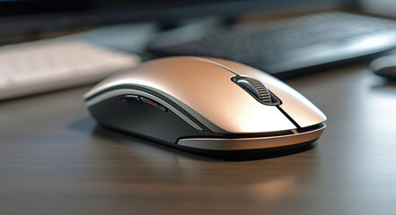 A Modern Wireless Computer Mouse on Blurry Background