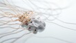 A close-up of a neural interface connector, capturing its precision and potential for brain-computer interaction, against a pristine white canvas.