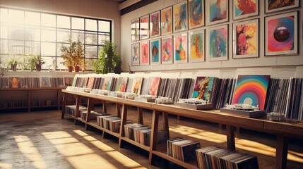 Wall Mural - A record store housing vinyl albums, their artwork presented in a visually captivating manner on wooden racks.