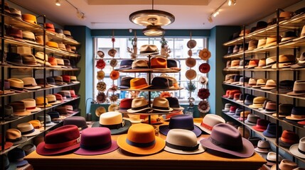 Wall Mural - A shop for bespoke hats, showcasing a variety of shapes and fabrics from felt to straw.