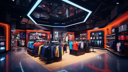 Wall Mural - A sports store, brimming with athletic gear, elegantly illuminated to highlight the array of products.