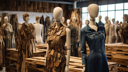 Wall Mural - A sustainable fashion store with garments made from recycled materials, displayed on mannequins of reclaimed wood.