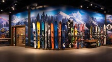 A Winter Sports Store, Snowboards And Skis Artfully Leaning Against A Wall With A Mountain Mural.