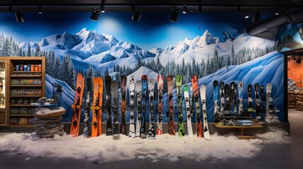 Wall Mural - A winter sports store, snowboards and skis artfully leaning against a wall with a mountain mural.