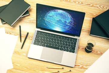 Wall Mural - modern computer display with abstract programming language hologram and world map, artificial intell