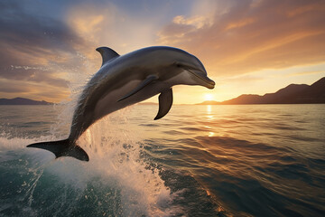 The two playful dolphins are jumping across the waves of the vast ocean at sunset  sunrise, morning. Generative AI.