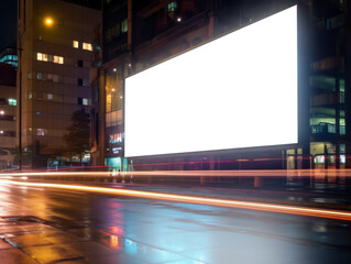 Wall Mural - Blank billboard on the road at night in the city with motion blur. Mockup. Generative AI