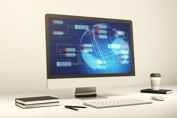 Wall Mural - computer monitor with abstract creative programming illustration and world map, big data and blockch