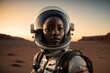 Close-up portrait of a beautiful African American astronaut woman wearing a silver spacesuit on the Mars planet.