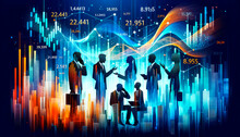 Group Of Business People And Stock Market Graphs On Abstract Background. Generative AI