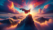 Super hero on top of the mountain at sunset. Success concept. Generative AI
