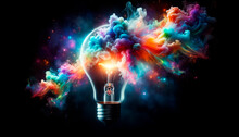 Incandescent Light Bulb With Colorful Smoke On Black Background. Generative AI