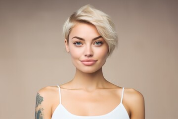 Wall Mural - smiling short blonde hair pretty smiling girl beauty female model beautiful face healthy skin and tattoo looking at camera isolated at beige background