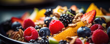 Close Up Photo Of Fresh Fruit And Nuts On Plate, Healthy Food Concept