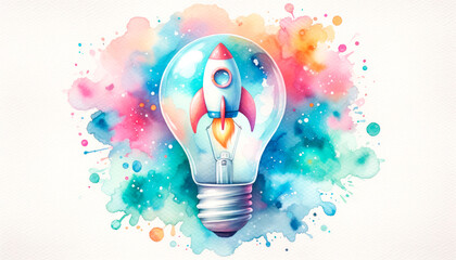 Wall Mural - illustration of a lightbulb with a rocket inside on a watercolor background. generative ai
