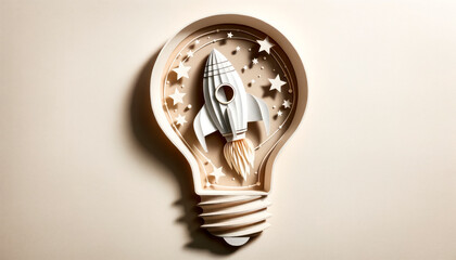 Wall Mural - lightbulb with rocket and stars made of paper on light background. generative ai