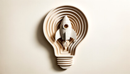 Wall Mural - light bulb with rocket on white background. concept of new idea and innovation. generative ai