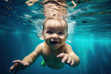 Wall Mural - a baby swimming underwater