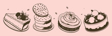 Vector Collection Of Illustrations Of Sweet Pastries Of Fruits And Berries Drawn In Ink By Hand. Vintage Design Kit. Traditional Cake. Sweet Pastries.
