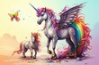 A cartoon stallion horse with hooves, neighing, and a toy unicorn with wings, a horn, and a magical rainbow coloring in a fantasy fairy tale. Generative AI