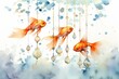 Watercolor illustration of wind chimes and goldfish in a background. Generative AI