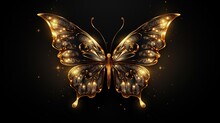 Beautiful Golden Butterfly At Black Background, Colorful Stylish Fantasy Illustration