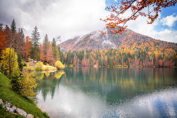 Beautiful Fusine lakes in autumn colors