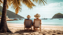 Elderly Married Couple Is Relaxing On The Beach, Sitting On Sun Loungers, Enjoying The Seascape With Yachts And Views Of Paradise Islands.