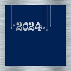 Sticker - Silver and blue square wish card New Year 2024 with Christmas symbols : balls, stars and snowflakes