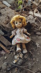 Wall Mural - Child dirty toy doll on damaged homes background. Destroyed home buildings because of earthquake or war missile strike. Refugees, war and economy crisis.