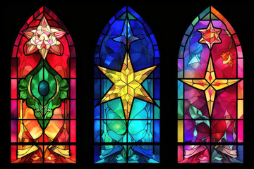 A stained glass church window with stars